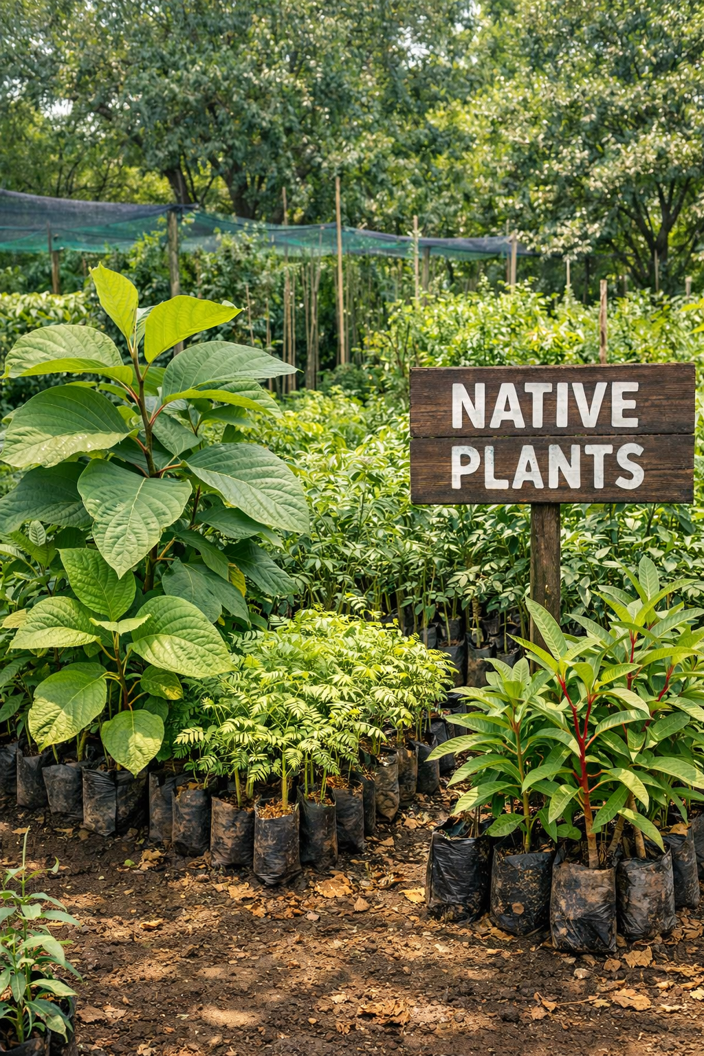 Vertical forest plants nursery with teak, neem, and native saplings under shade net at Agatya Greens Nursery